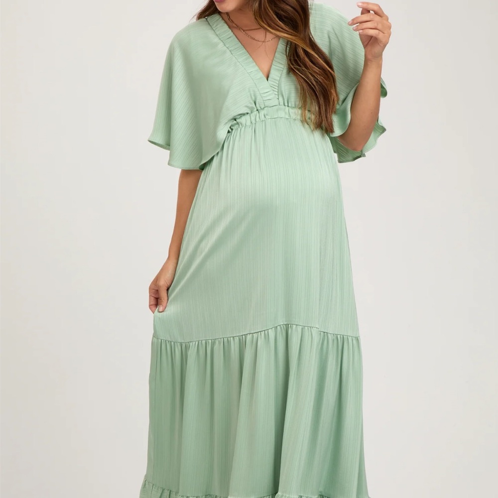 Pink Blush Maternity Mint V-Neck Flutter Sleeve Tiered Maxi Dress